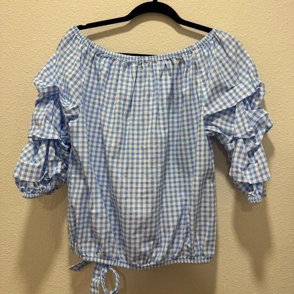 CeCe Light Blue Gingham Ruffle Sleeve Blouse - Picture 4 of 4
